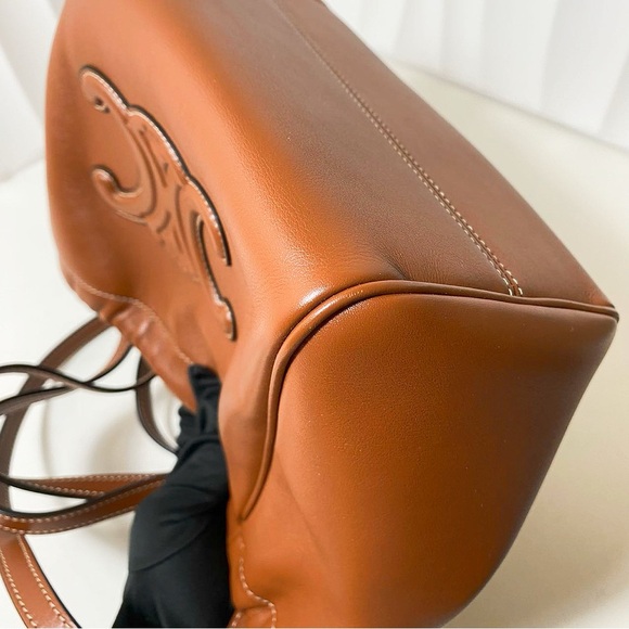 CELINE Triomphe Brown Leather Drawstring Bucket Bag - Picture 11 of 11